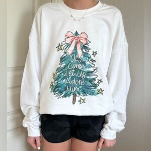 Christmas Tree Oh Come Let Us Adore Him White Holiday Crewneck Sweatshirt